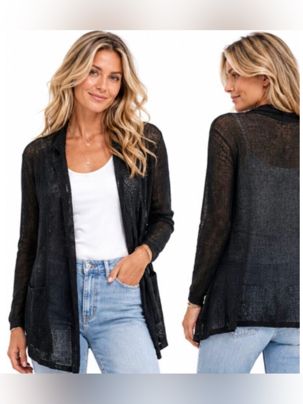 EILEEN FISHER Cardigan Black Heavier Linen Blend EUC Sz L XL
